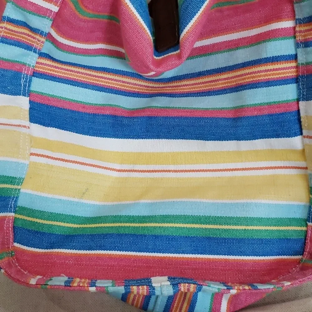 Talbots Tote Colorful Striped Cotton Leather Double Handles XL Beach Mom Stuff
